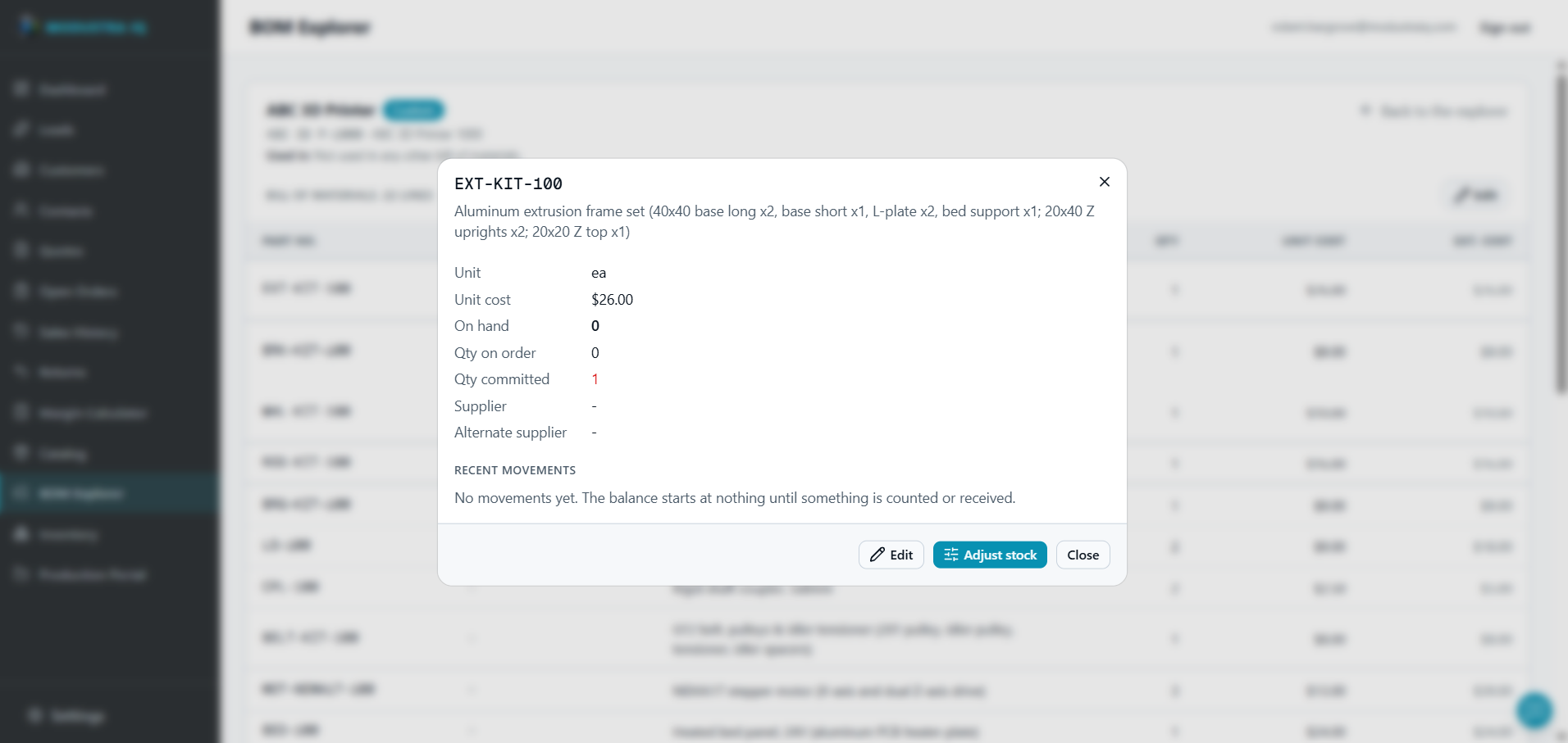 A component opened from a bill of materials in the BOM Explorer: EXT-KIT-100, an aluminum extrusion frame set, showing unit, unit cost, on hand, quantity on order, quantity committed, supplier and alternate supplier, a recent movements section, and Edit, Adjust stock and Close buttons.