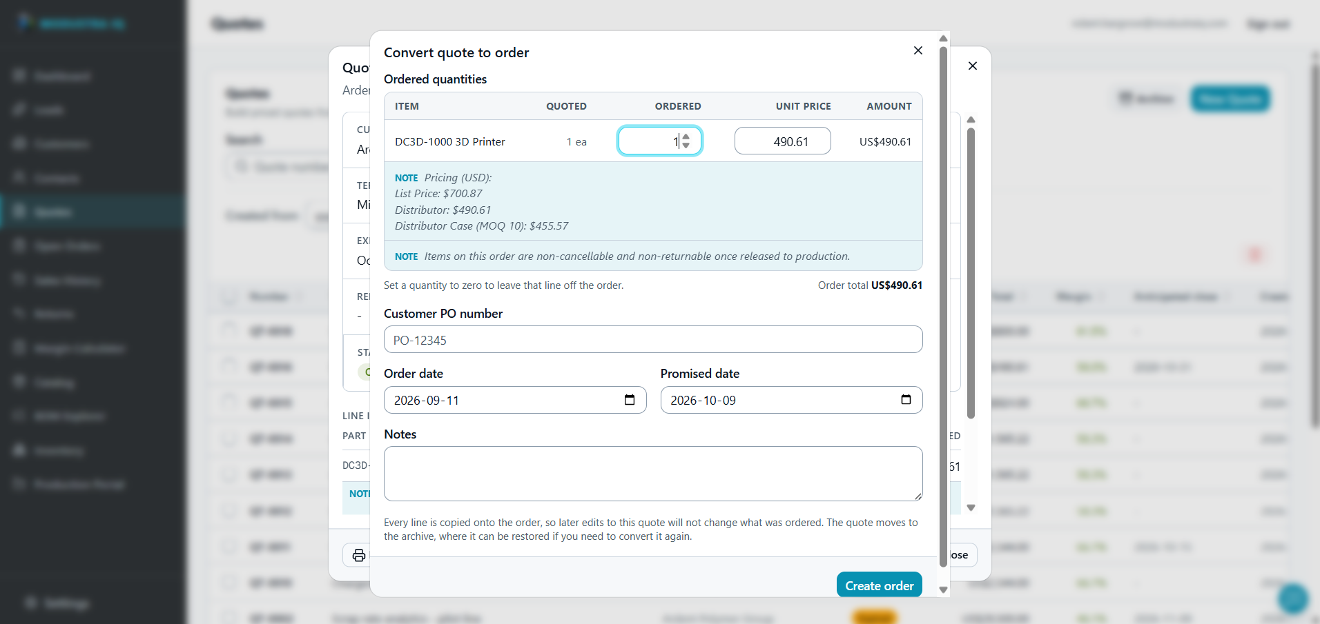 The Convert quote to order dialog in Modustra IQ: a line for a DC3D-1000 3D printer with quoted and ordered quantities, unit price and amount, the quote's pricing notes and a note that items are non-cancellable once released to production, the order total, fields for the customer PO number, order date, promised date and notes, an explanation that every line is copied onto the order and the quote moves to the archive, and a Create order button.