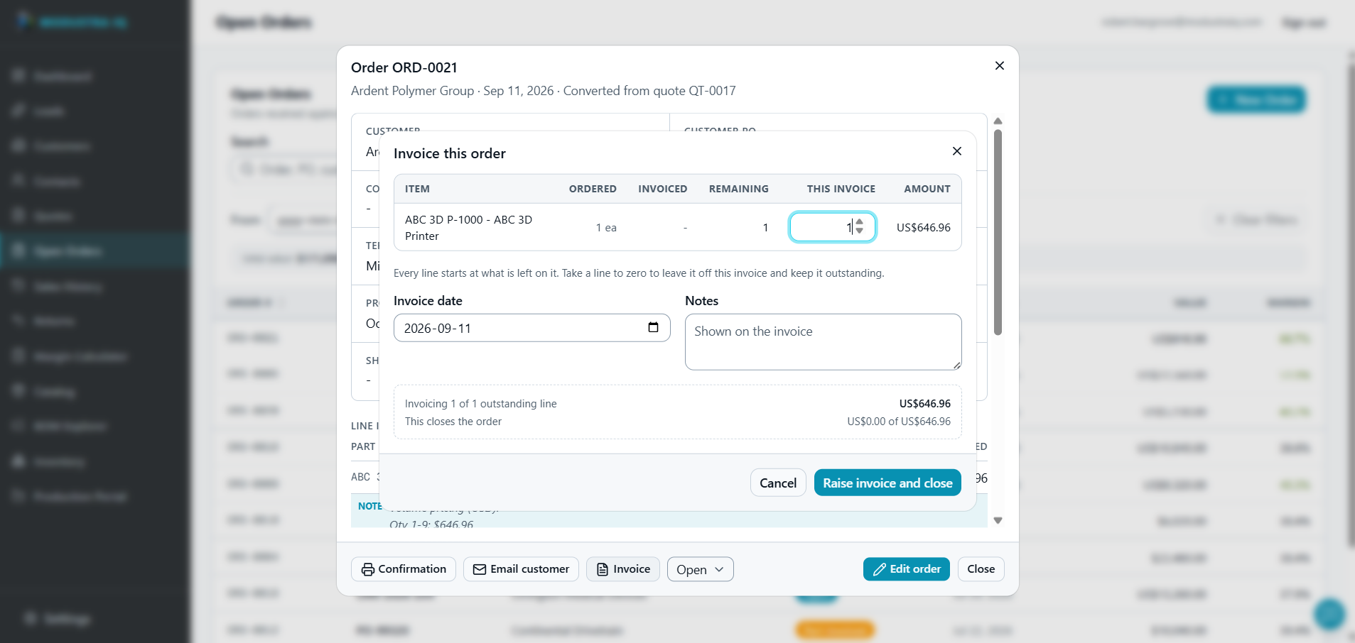 Order ORD-0021 in Modustra IQ, converted from quote QT-0017, with the Invoice this order dialog open: a line showing ordered, invoiced, remaining and this-invoice quantities with the amount, an invoice date, notes shown on the invoice, a summary reading Invoicing 1 of 1 outstanding line, this closes the order, and a Raise invoice and close button. Behind it the order's toolbar offers Confirmation, Email customer, Invoice, status, Edit order and Close.
