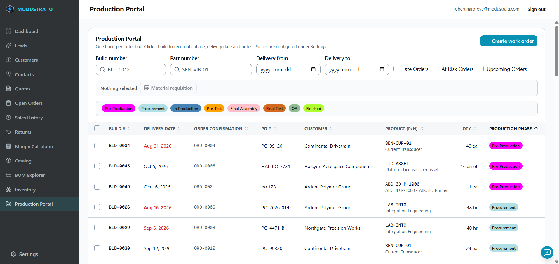 The Modustra IQ Production Portal: filters for build number, part number and delivery date range, checkboxes for late, at risk and upcoming orders, a Material requisition button for the selected builds, a row of configurable phases from Pre-Production through Procurement, In Production, Pre-Test, Final Assembly, Final Test and QA to Finished, and a table of builds with delivery date, order confirmation, PO number, customer, product, quantity and production phase, with late delivery dates shown in red.