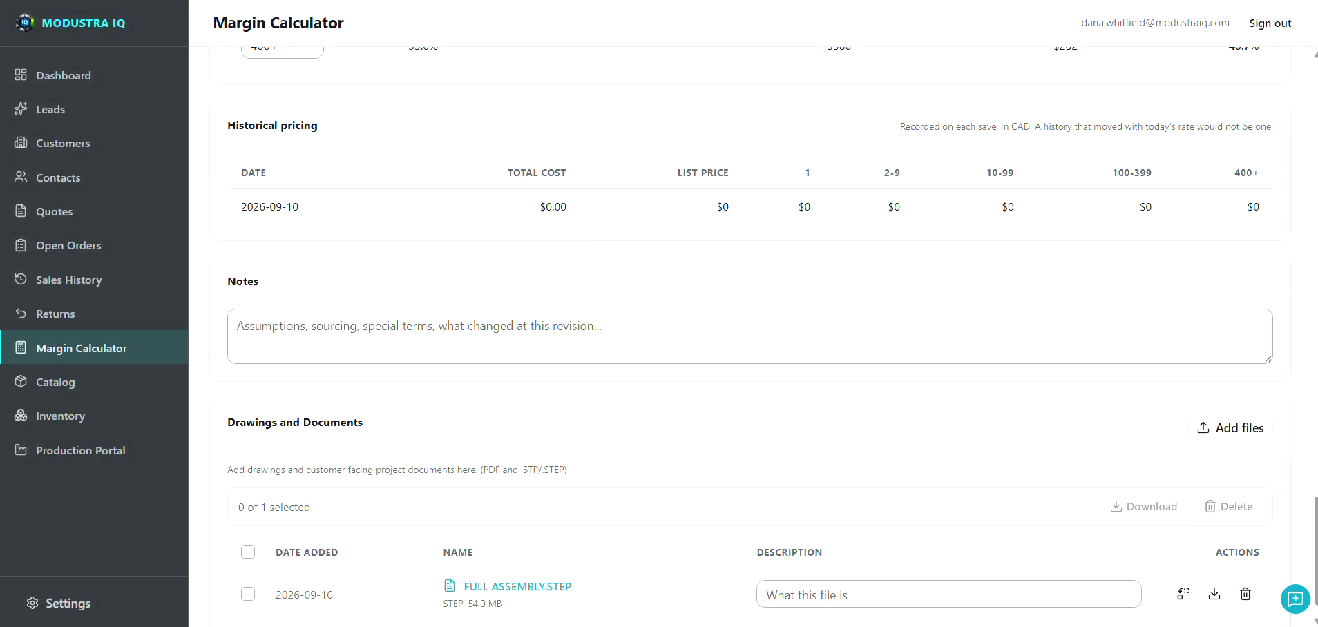 The lower part of a margin calculator revision in Modustra IQ: a historical pricing table recorded on each save, a notes field for assumptions, sourcing, special terms and what changed at this revision, and a Drawings and Documents list with FULL ASSEMBLY.STEP attached, each file with a description, view, download and delete actions, and an Add files button.