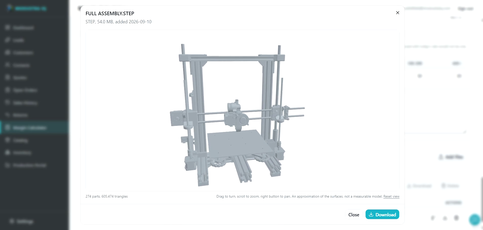The built-in STEP viewer in Modustra IQ showing FULL ASSEMBLY.STEP, a 54 MB model of a 3D printer frame with 274 parts and 605,474 triangles, over a dimmed margin calculator page, with Close and Download buttons.